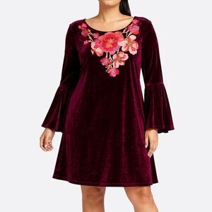 MSK Velvet Bell Sleeve Dress Burgundy Floral Embroidered Whimsigoth Large 0X